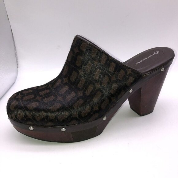 ROCKPORT adiPRENE By Adidas Black Leather Wood Heel Mule Shoes Calf Hair Sz 9.5 - Picture 2 of 10